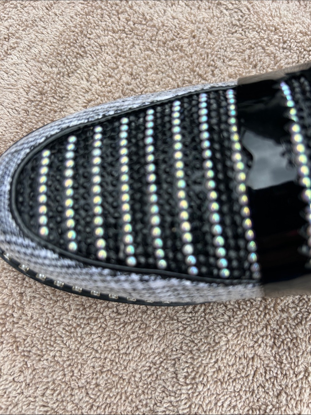 Betsey Johnson Glen Plaid Patent Rhinestone Pearl Embellished Loafers Black - Picture 7 of 10